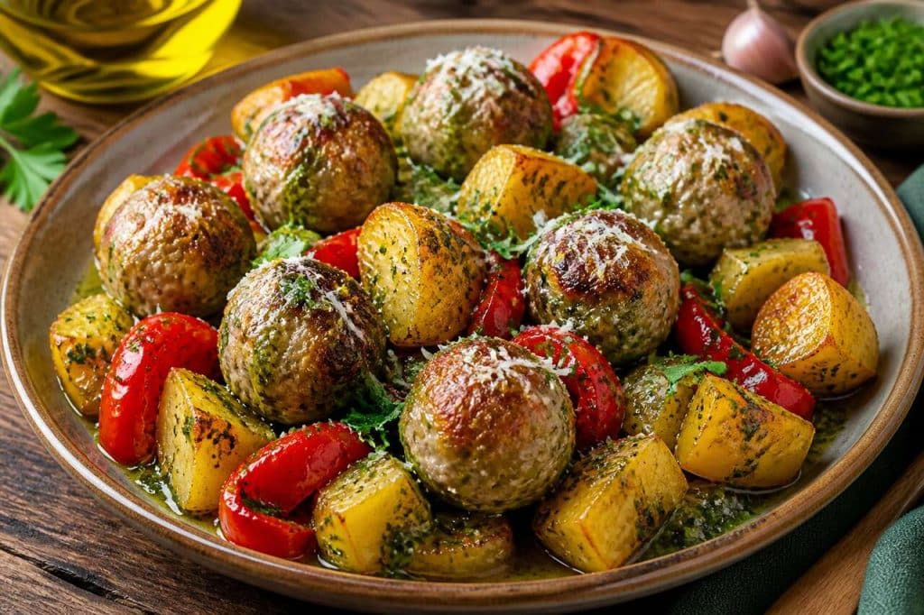 Boulettes de poulet aux pommes de terre, poivrons et sauce pesto : la recette gourmande