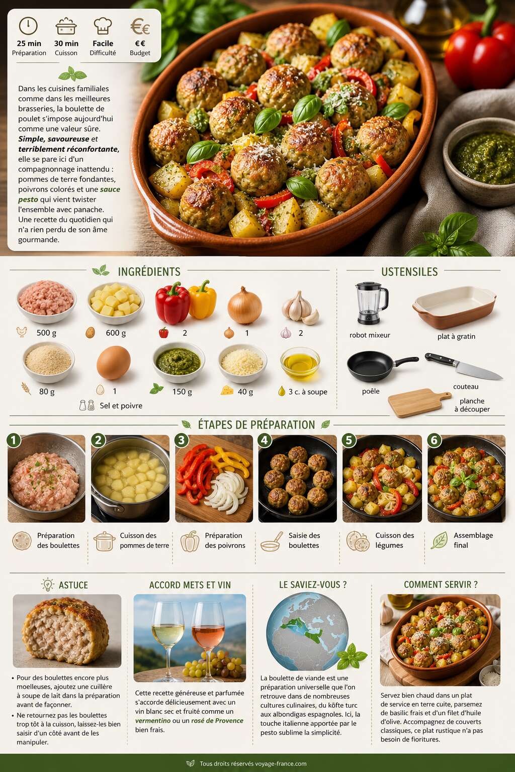 Fiche recette Boulettes de poulet aux pommes de terre, poivrons et sauce pesto : la recette gourmande Fiche recette Boulettes de poulet aux pommes de terre, poivrons et sauce pesto : la recette gourmande