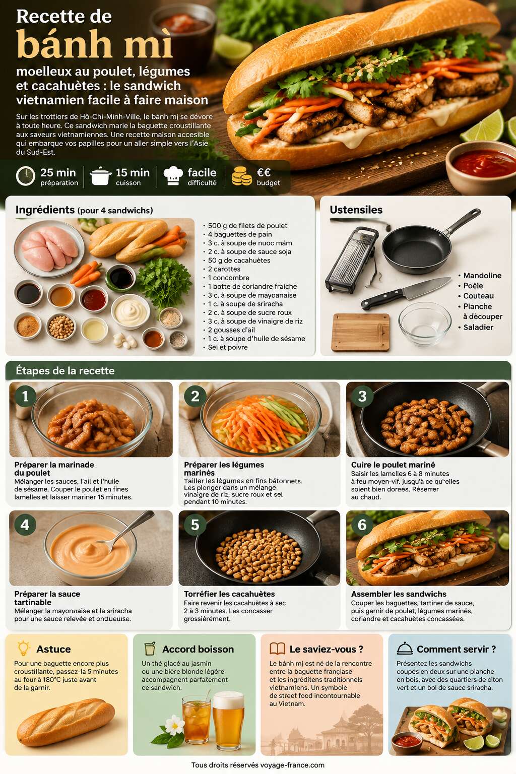 Fiche recette Recette de bánh mì moelleux au poulet, légumes et cacahuètes : le sandwich vietnamien facile à faire maison Fiche recette Recette de bánh mì moelleux au poulet, légumes et cacahuètes : le sandwich vietnamien facile à faire maison